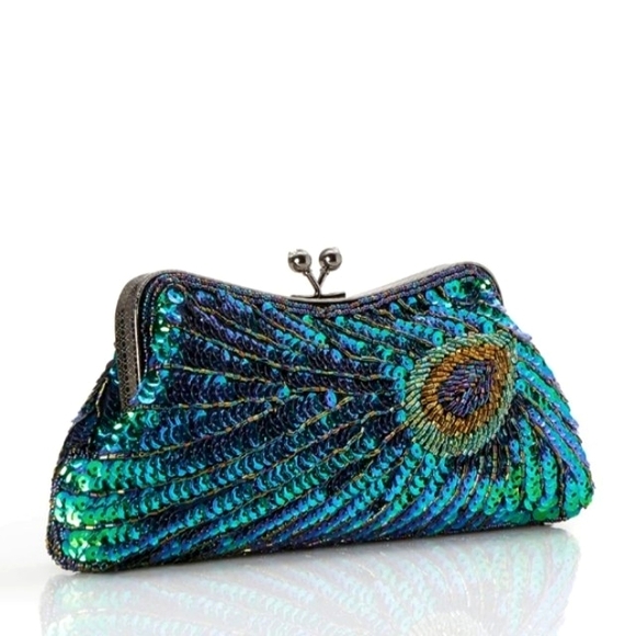 Peacock Feather 20s 30s Retro Sequin Clutch Purse Blue Green Bag Crossbody Chain - Picture 3 of 14